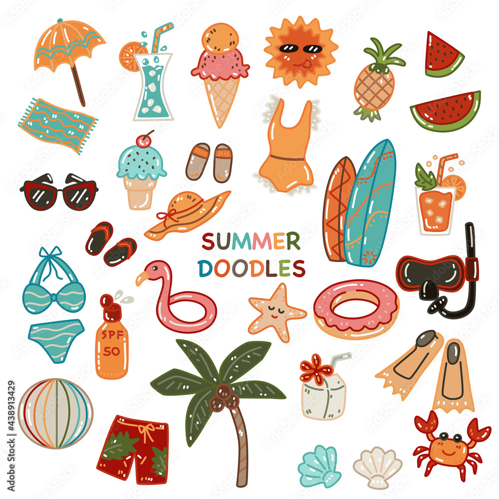 Summer season set, swimsuit, drinks, ice cream, fruits, surfboard, snorkel, beach item doodles, with white backgrounds