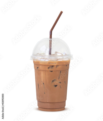 Mocha coffee in plastic cup and ready to drink straws isolated on white background. Brown mocha milk. (Clipping path)