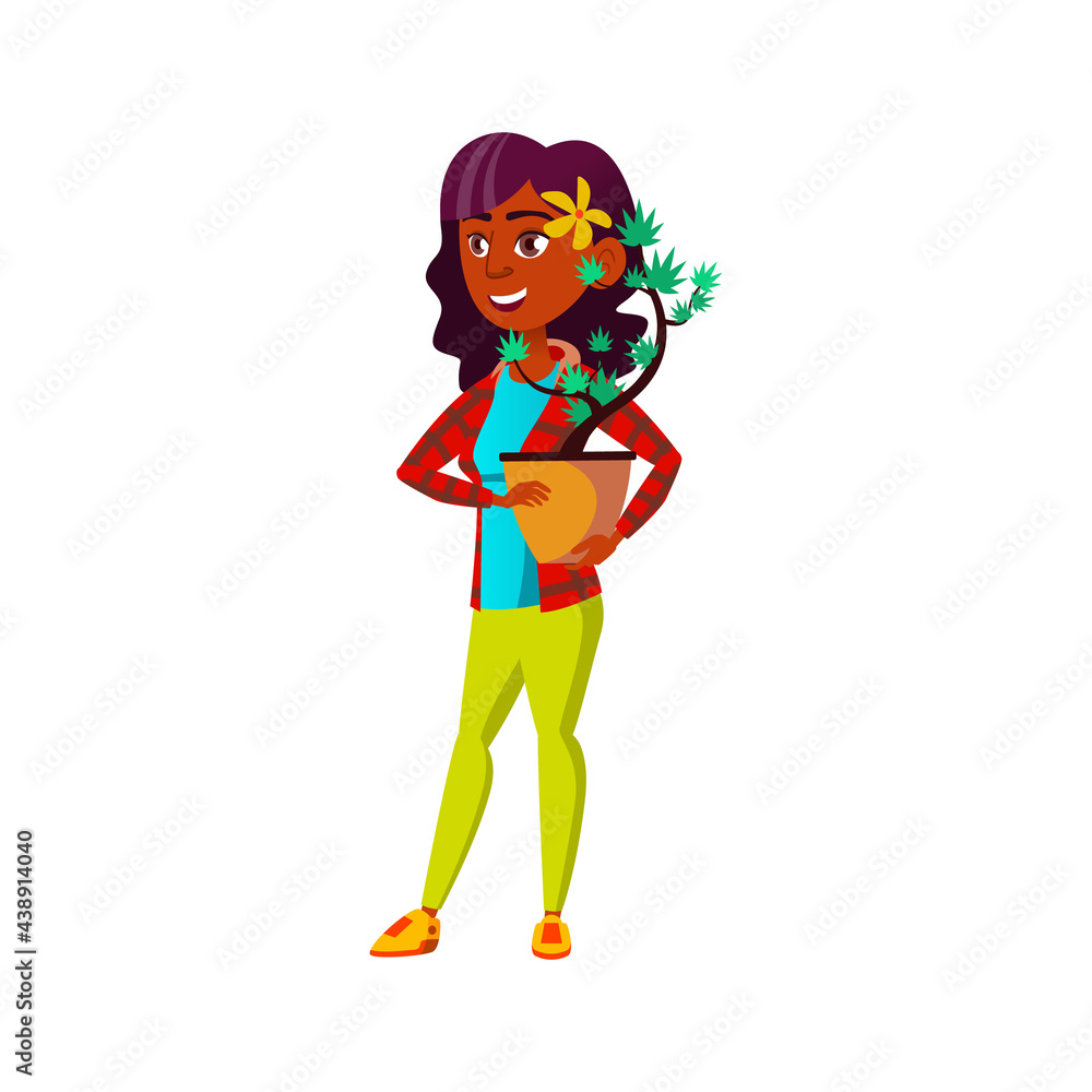 happy african girl carrying domestic plant cartoon vector. happy african girl carrying domestic plant character. isolated flat cartoon illustration