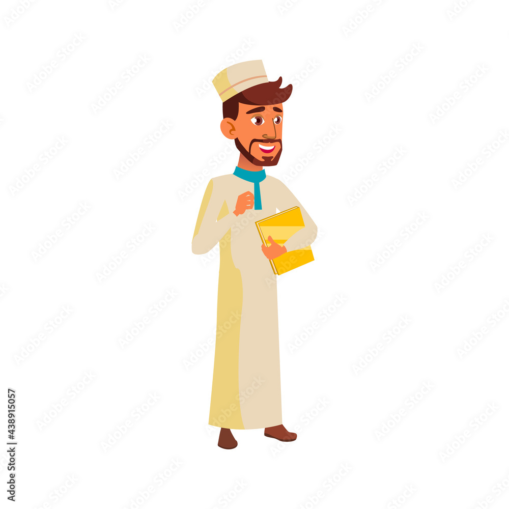 young islamic man with book in bookstore cartoon vector. young islamic man with book in bookstore character. isolated flat cartoon illustration young islamic man with book in bookstore cartoon vector. young islamic man with book in bookstore character. isolated flat cartoon illustration