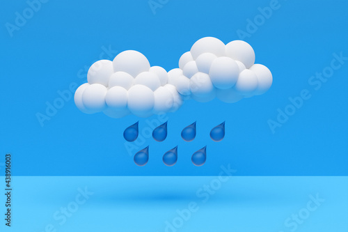 3d illustration of a white cartoon cloudes with rain . Cumulus cloudes on blue background with shadow photo