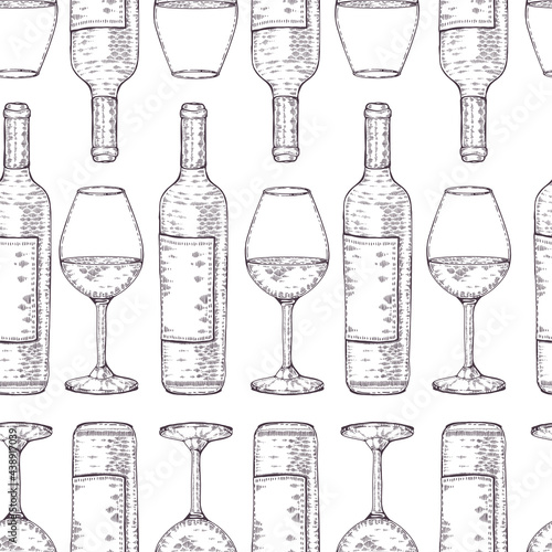 Seamless pattern with wine glasses and bottles.