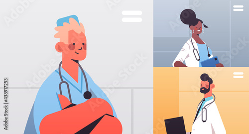 doctors in web browser windows discussing during video conference medicine healthcare online communication