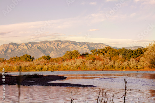 View of the Sandia Mountains and the Bosque along the Rio Grande River at sunset in Albuquerque, New Mexico photo