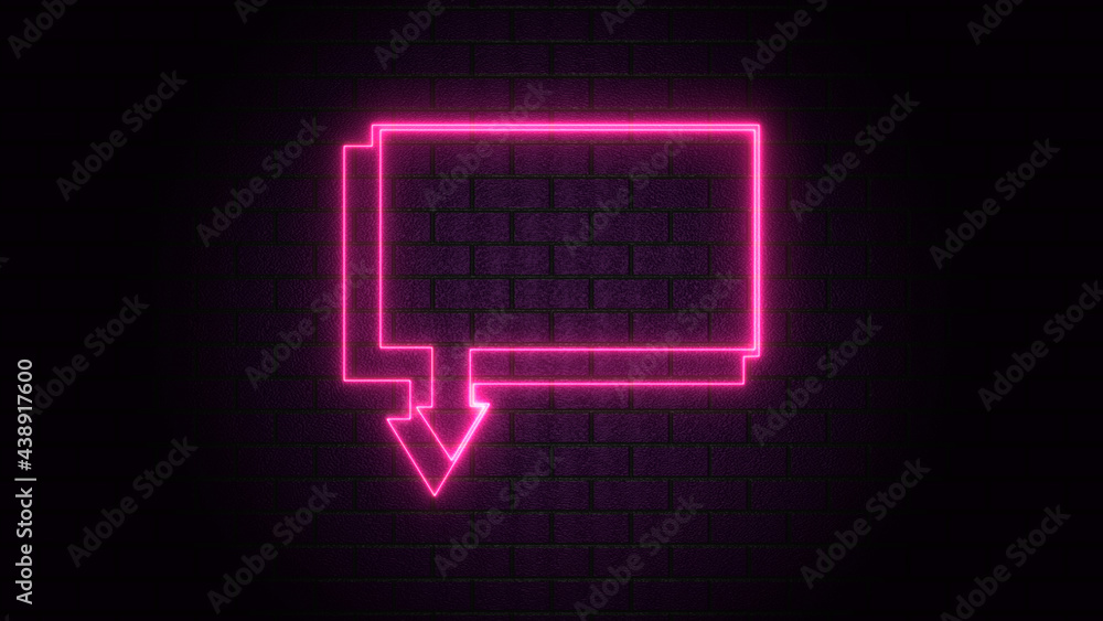 Blank speech bubble in neon style. Neon light, comic speech bubble sign icon. Chat think symbol. Royalty high-quality free stock of glowing neon empty speech bubble frame on dark brick wall background