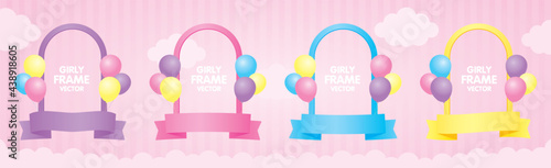 Cute girly arch frame with ribbon and balloons vector set on sweet pastel pink striped background and cloud