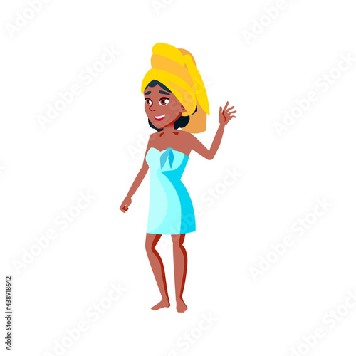 smiling african girl in towel after shower welcoming husband at home cartoon vector. smiling african girl in towel after shower welcoming husband at home character. isolated flat cartoon illustration