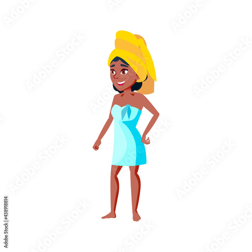 pretty african woman after bathe in bathroom cartoon vector. pretty african woman after bathe in bathroom character. isolated flat cartoon illustration