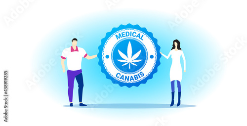 man woman couple holding medical cannabis or marijuana leaf logo hemp extract cbd ganja legalize drug consumption concept full length horizontal