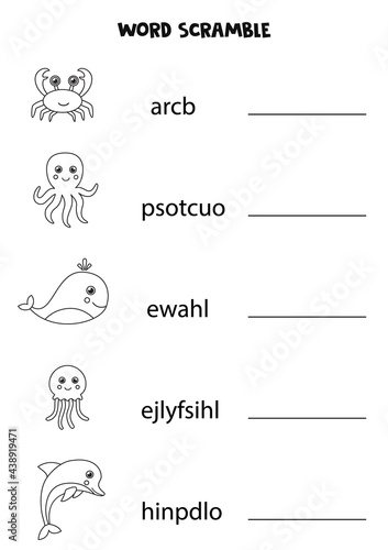 Puzzle for kids. Word scramble for children. Black and white sea animals.