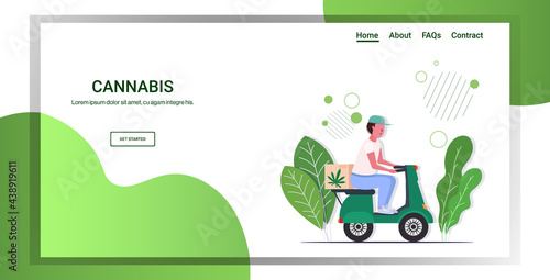 courier man riding scooter medical marijuana cannabis delivery service drug consumption concept horizontal full length copy space