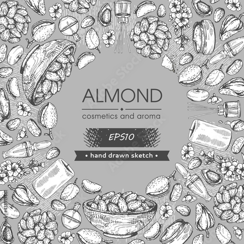 Circle filled with lettering almond and surrounded with almond nuts, flowers and cosmetics