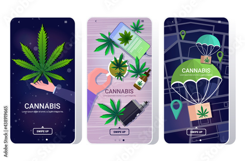 set drugs consumption and marijuana delivery concept mobile app smartphone screens collection horizontal copy space