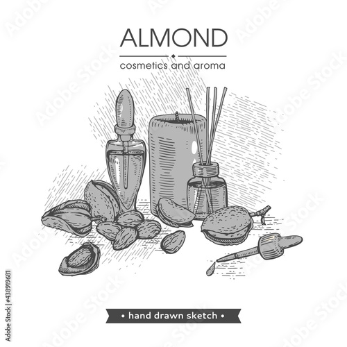 Collection of almond with cosmetics and essential oils