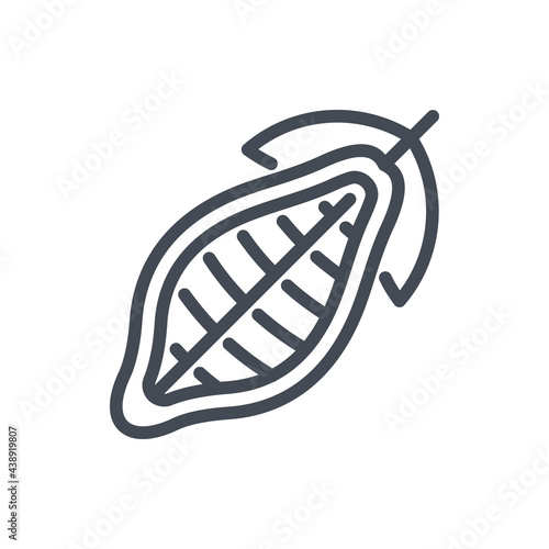 Cocoa fruit with leaves line icon. Cocoa bean vector outline sign.