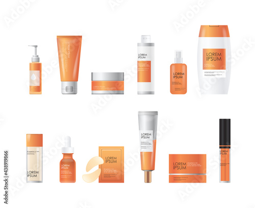 set cosmetic or perfume bottles beauty spa products natural cosmetology skincare packaging branding skin treatment concept realistic packages collection