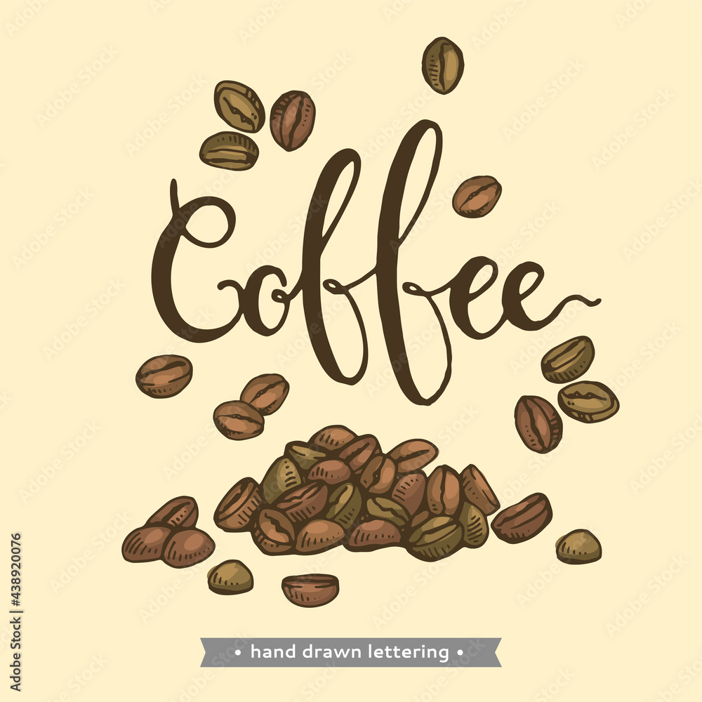 Obraz premium Detailed hand-drawn sketch of coffee beans and lettering
