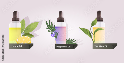 set dropping essential lemon peppermint tea plant oil glass bottles with liquids natural face body beauty remedies concept horizontal