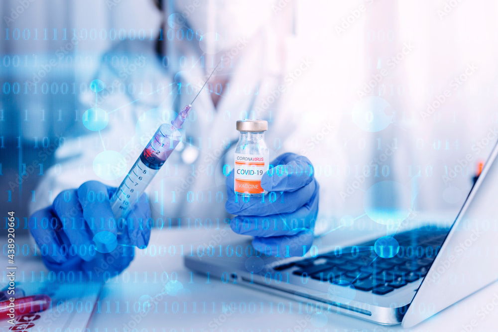 vaccine Concept fight against virus covid-19 corona virus, doctor or scientist in laboratory holding a syringe with liquid vaccines for children or older adults, diseases, medical care, science. vaccine Concept fight against virus covid-19 corona virus, doctor or scientist in laboratory holding a syringe with liquid vaccines for children or older adults, diseases, medical care, science.