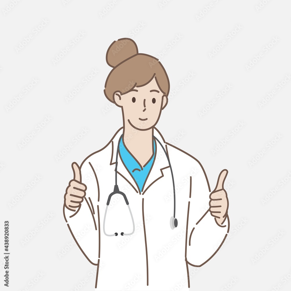 Portrait of young female doctor show thumbs up in healthcare and medical concept. Hand draw style. Vector illustration. Portrait of young female doctor show thumbs up in healthcare and medical concept. Hand draw style. Vector illustration.
