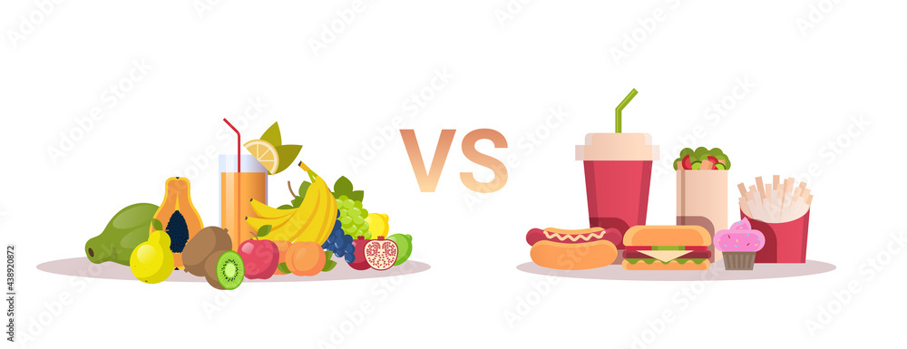 food choice diet concept healthy fresh fruits vs junk unhealthy fast food horizontal food choice diet concept healthy fresh fruits vs junk unhealthy fast food horizontal