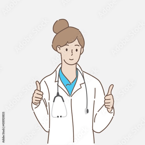 Portrait of young female doctor show thumbs up in healthcare and medical concept. Hand draw style. Vector illustration.
