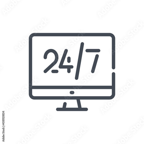 Computer with 24-7 on the display line icon. Clock support and online help service vector outline sign.