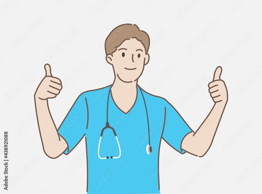 Portrait of young male doctor show thumbs up in healthcare and medical concept. Hand draw style. Vector illustration. Portrait of young male doctor show thumbs up in healthcare and medical concept. Hand draw style. Vector illustration.