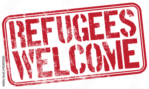 Refugees Welcome. Vector Red Rubber Stamp.