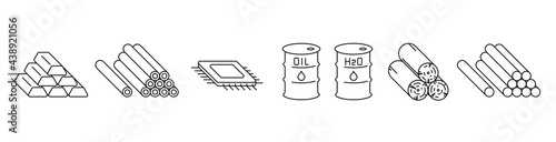 commodities vector illustration icon set, raw materials logo of metal, oil, gold, uranium, microchip, and water