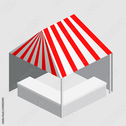 Isometric market stall, tent. Street awning canopy kiosk, counter, white red strings for fair, street food, market, grocery goods. Vector isolated