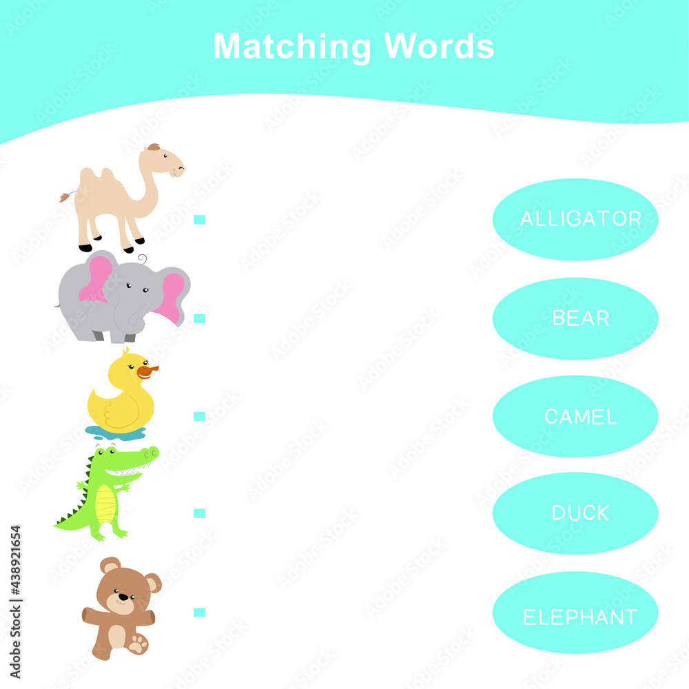 Animals matching words game. Matching words game for kids. Educational printable game cards. Preschool Education. Vector illustration. Animals matching words game. Matching words game for kids. Educational printable game cards. Preschool Education. Vector illustration.