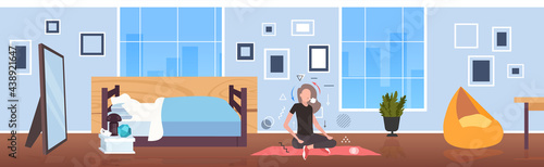 woman sitting lotus pose girl breathing oxygen and carbon dioxide transport cycle gas exchange concept bedroom interior horizontal full length