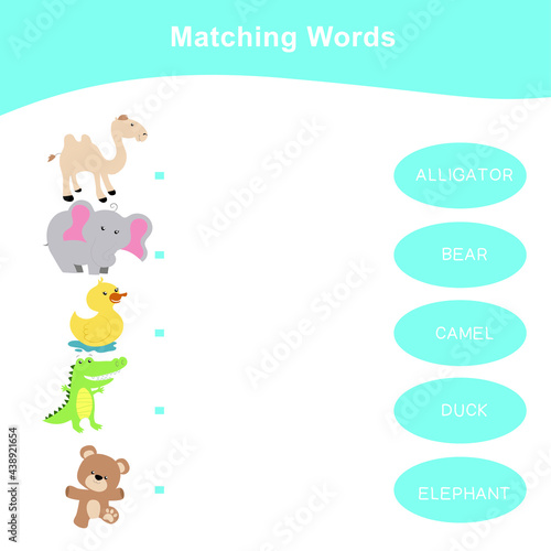 Animals matching words game. Matching words game for kids. Educational printable game cards. Preschool Education. Vector illustration.