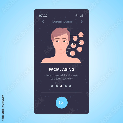 man face with wrinkles medical cosmetic anti-aging rejuvenation lifting procedures for face skin aesthetic medicine concept smartphone screen mobile app portrait