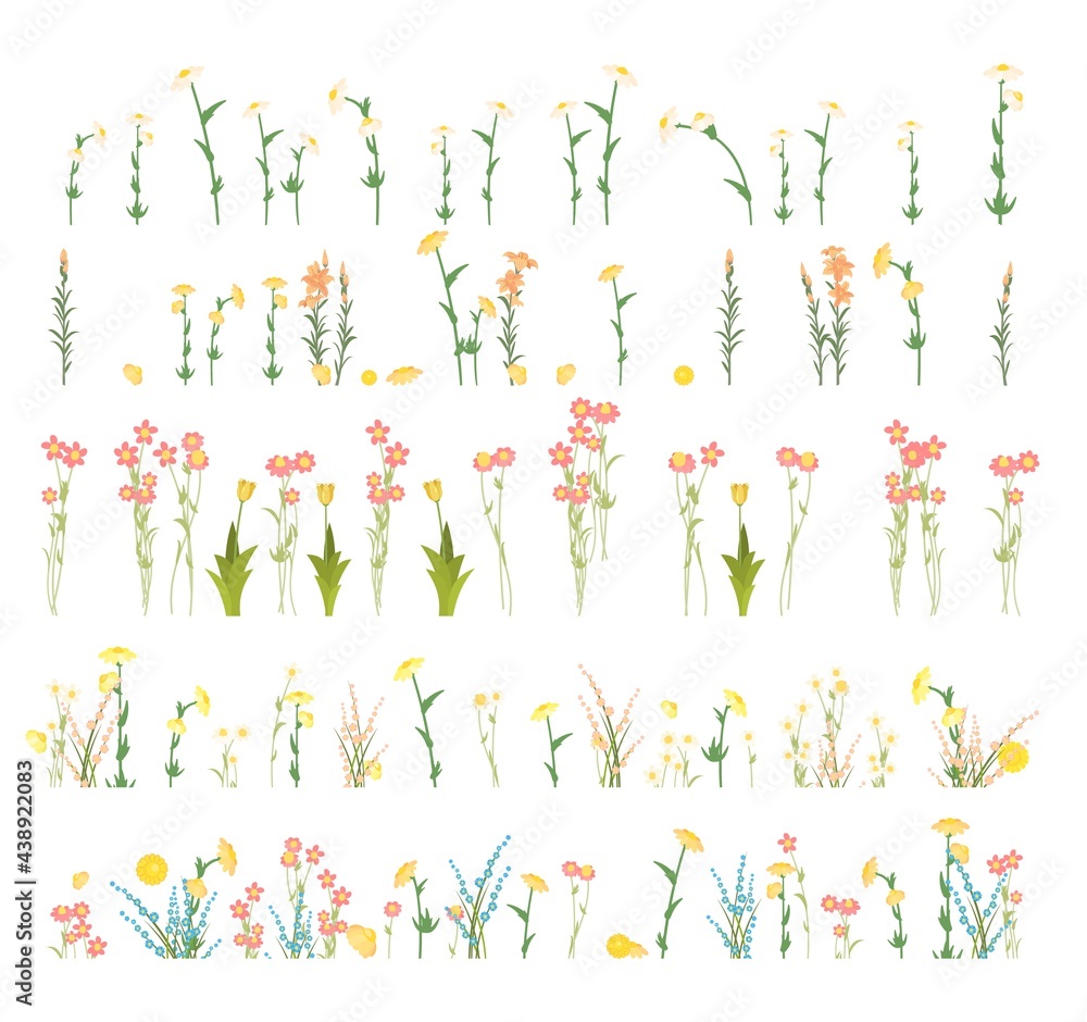 Set isolated. Meadow with wildflowers. Grass close-up. Wild green rural plants. Cartoon style. Flat design. Countryside view. Flowers. Vector illustration. art Set isolated. Meadow with wildflowers. Grass close-up. Wild green rural plants. Cartoon style. Flat design. Countryside view. Flowers. Vector illustration. art