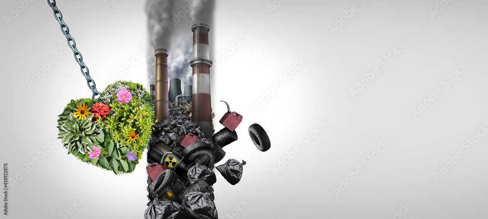 Environment And pollution as a group of green plants shaped as a heart destroying a polluted wall of dirty toxic industrial pollutants as a climate change solution concept - obrazy, fototapety, plakaty 