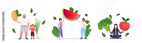 set people holding different vegetables and fruits healthy lifestyle vegan fresh superfood concept full length horizontal