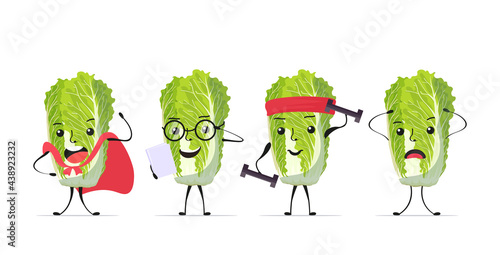 set cute fresh green chinese cabbage characters tasty mascot vegetable personages collection healthy food concept horizontal