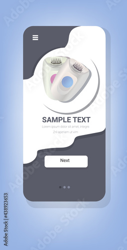 modern electric epilator hair removal skin care concept smartphone screen mobile app copy space vertical