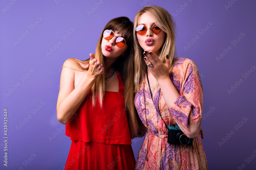 Positive studio portrait of two happy sister best friend woman Positive studio portrait of two happy sister best friend woman