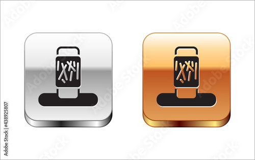 Black Cat scratching post with toy icon isolated on white background. Silver-gold square button. Vector