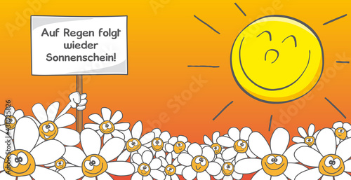 Auf Regen folgt wieder Sonnenschein, Motivation,  Konzept, fröhlich strahlende Sonne zeigt mit den Fingern auf den Betrachter, Cartoon