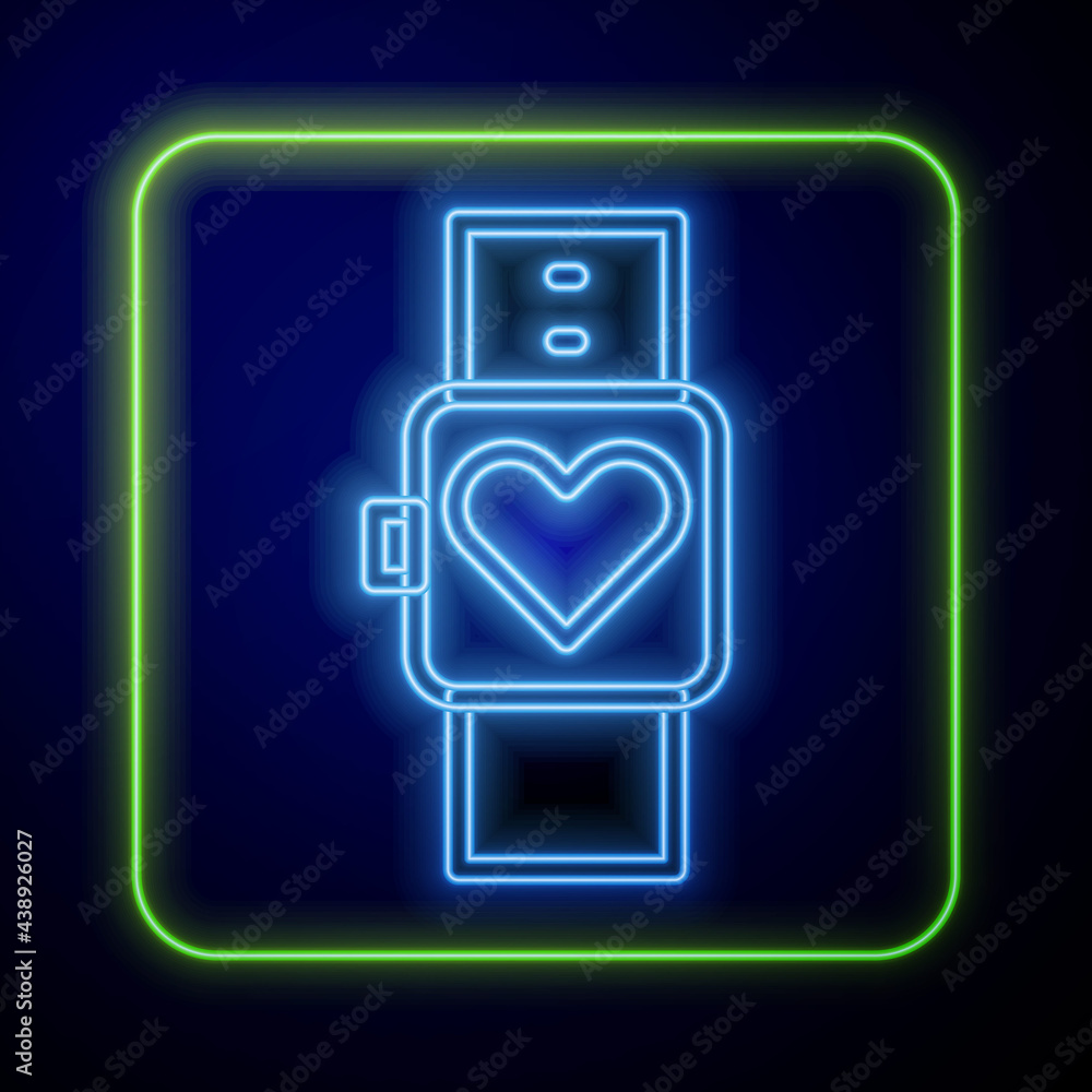 Glowing neon Smart watch showing heart beat rate icon isolated on blue  background. Fitness App concept. Vector Stock Vector