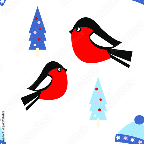 Vector seamless pattern of two birds, Christmas trees with toys and hats with stars.  For wallpaper, gift wrapping, web page backgrounds, surface textures.