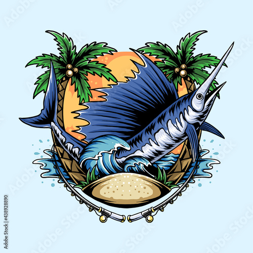 marlin fish on the beach with coconut trees and ocean waves and angler vector with editable color layer