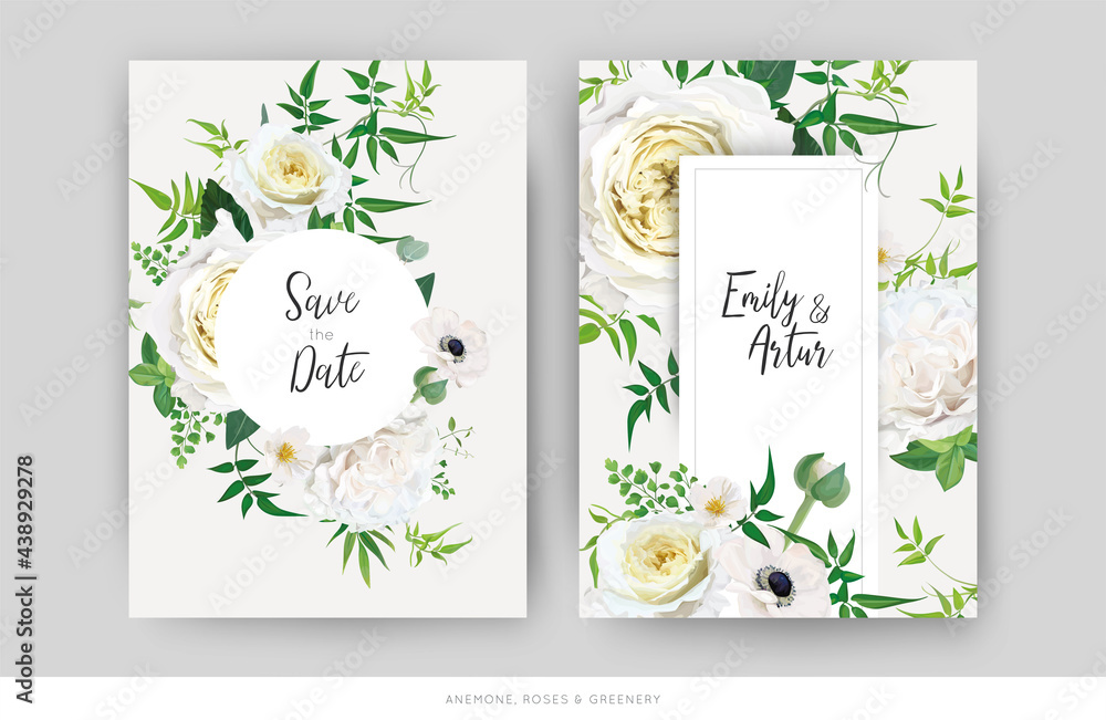 Tender floral vector wedding invite, save the date card template design set. Elegant editable watercolor bouquet illustration. Trendy yellow white roses, anemone flower, green jasmine vine, greenery.