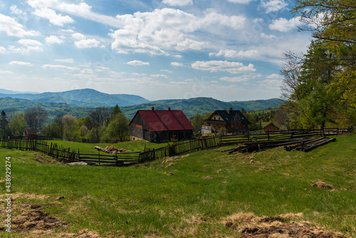 Beautiful Grabowa settlement with few wooden houses in Beskid Slaski mountains in Poland