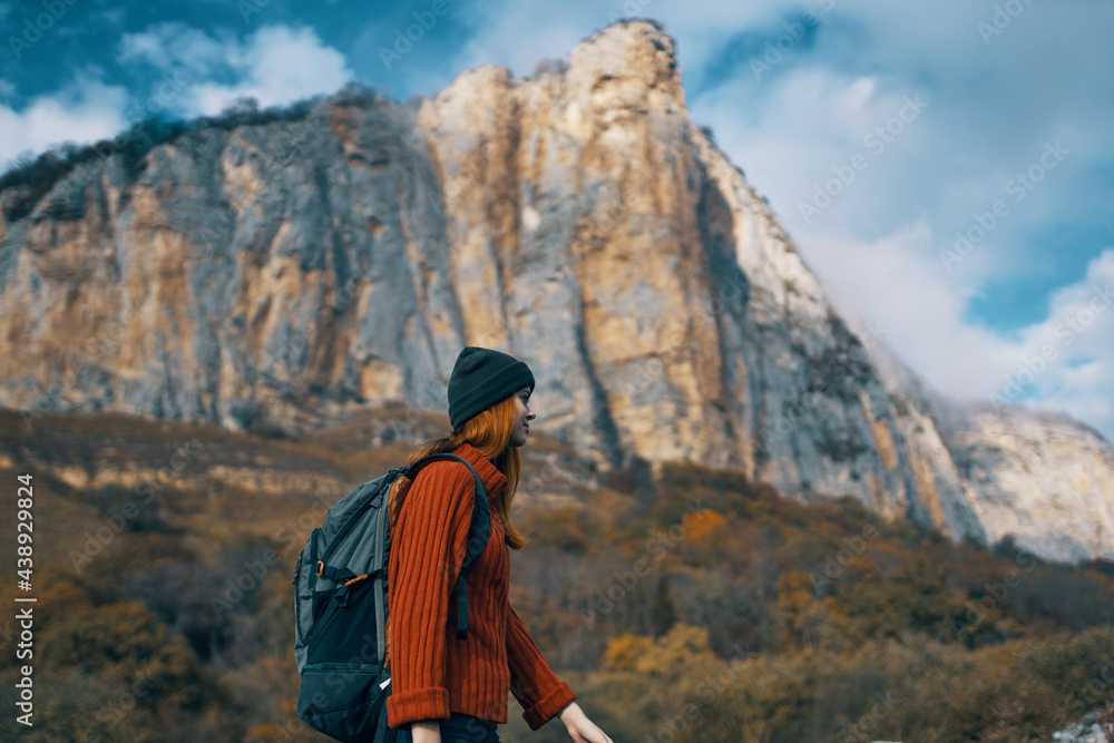 woman hiker backpack travel mountains clouds nature woman hiker backpack travel mountains clouds nature