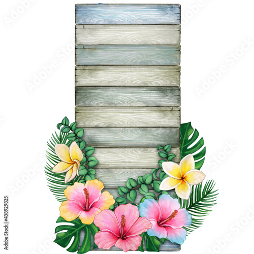 Watercolor wooden vintage banner striped with tropical flowers